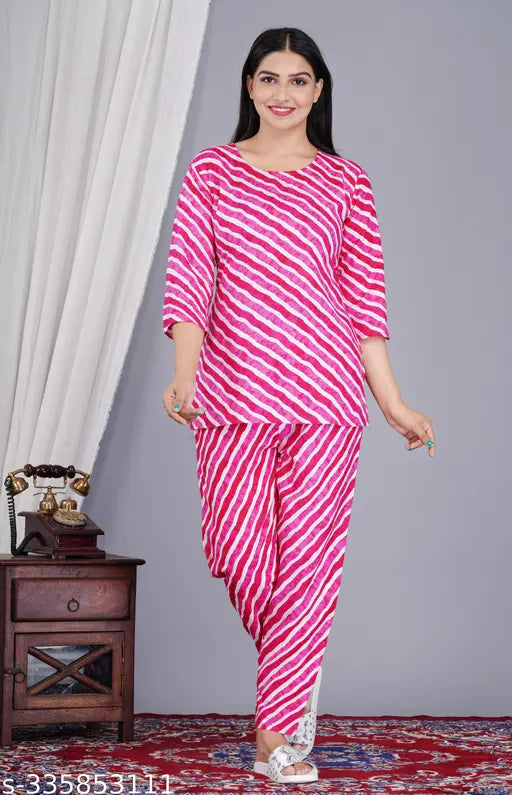 Pure rayon printed night suit top & pyjama set, three-quarter sleeves, India origin