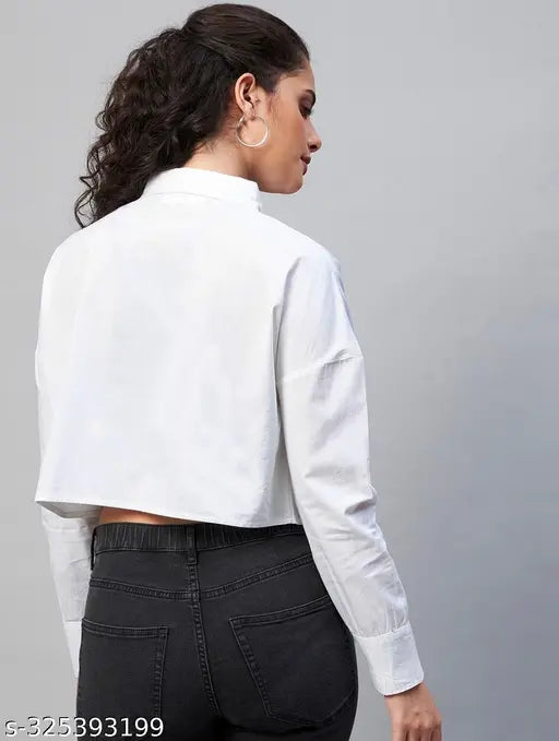 Trending women's cotton blend crop blouse, solid opaque, long sleeves, spread collar, double pockets - India