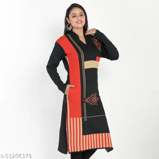 Women's straight printed black woollen kurti with long sleeves, perfect for daily wear in office, college, and family places during festive occasions. Hand wash only. Warm and comfortable all day long. Soft material falls comfortably on skin. Unique design by ADI & ADI. Ideal for pairing with jeans and leggings. Indian-made woolen winter kurti may slightly vary in color due to lighting sources or monitor settings