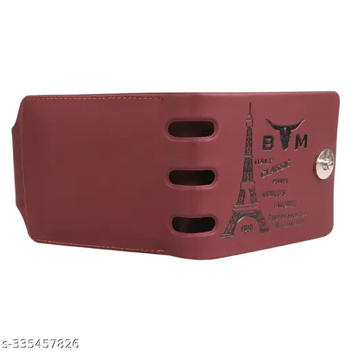 Stylish brown faux leather two-fold wallet for men, printed net pattern with card slots