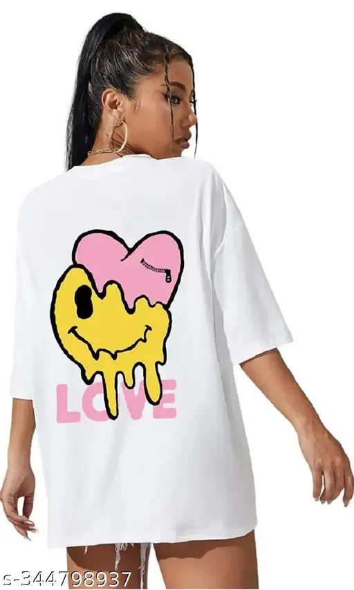 Oversized white printed cotton t-shirt for women, trendy 'love' design, India origin