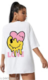 Oversized white printed cotton t-shirt for women, trendy 'love' design, India origin