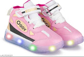 Pink synthetic leather LED light-up shoes for kids' outdoor sports and running, unisex design with Velcro fastening and comfort insole