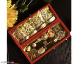 Golden brass Shri Dhan Laxmi Kuber Bhandari Yantra Set featuring Laxmi Kuber idols, pendent, coins, Rudraksha, and Meru Chakra Shri Yantra. Prosperity symbol for home or purse. Made in India