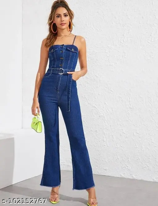 Denim jumpsuit by High-Buy, sleeveless with belt, self-design net pattern in denim