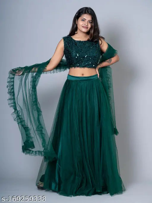 Green embellished ruffle Lehenga blouse set, handcrafted with art silk top & net bottom, features a padded round neck blouse & ruffled dupatta, ideal for traditional and Indo-Western functions