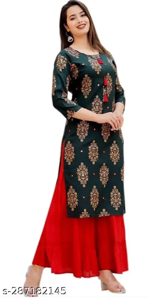Rayon print Sharara Kurta Set, three-quarter sleeves, India-origin rayon slub printed kurti with mirror work and pack of 2 sizes in M, L, XL, XXL, XXXL