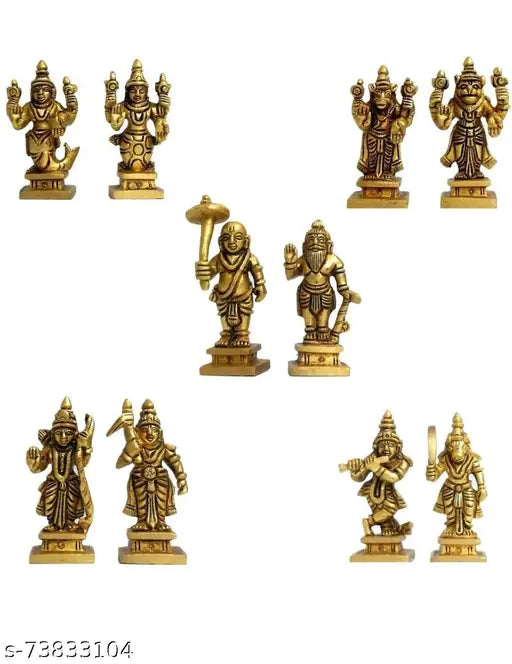 Brass Vishnu Dasavatar Set 850gm, intricate brass statue of Vishnu's ten avatars for home decor