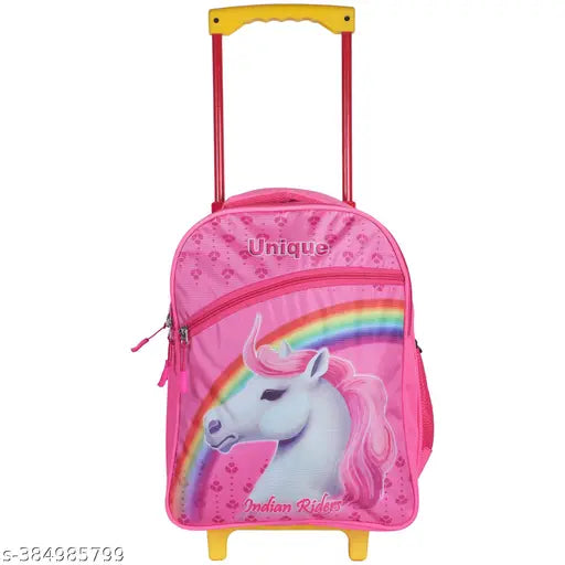 Pink waterproof polyester trolley bag (16 inches), durable and stylish Indian Riders UNIQUE BAG for school kids, spacious with adjustable straps and 3 compartments