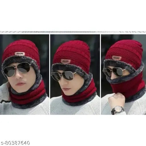 Red woolen beanie cap with neck warmer set - ideal for winter outdoor activities