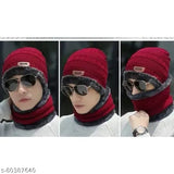 Red woolen beanie cap with neck warmer set - ideal for winter outdoor activities