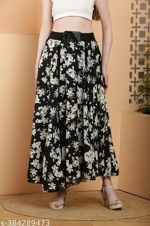 2024 black floral print crepe net skirt, elegant 1-piece floral design for women, India origin