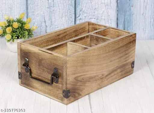 Handcrafted mango wood cutlery holder with 4 compartments, eco-friendly & durable for utensils, napkins, cups, rustic antique look. Multipurpose organizer for home or gift. Made in India