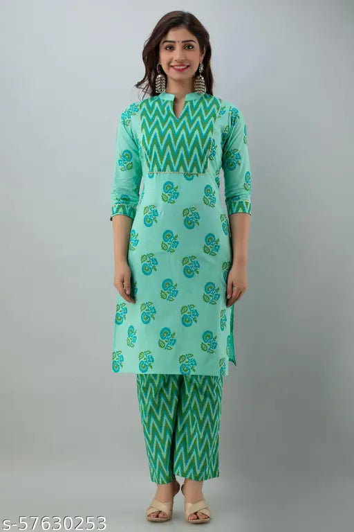 Printed cotton kurta plazzo set with gotta patti work - Indian-made daily/festive wear, three-quarter sleeves, single quantity in L & XXL sizes