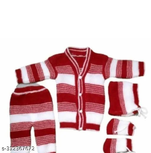 Wool striped winter pajama set with cap & socks for 0-1 month old babies, Radhe Krishna cube design