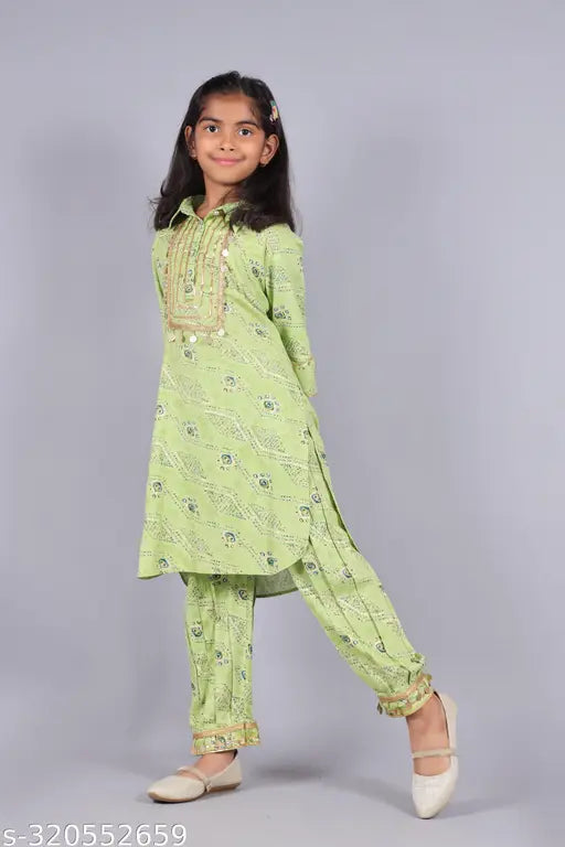 Rayon printed kurta & pyjama set for girls, Indian celebration wear with frilled hem, three-quarter sleeves