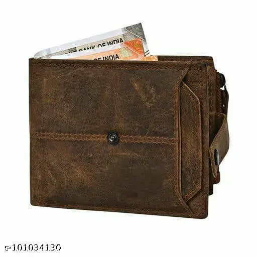 Brown genuine leather men's wallet, 3 compartments, solid pattern, free size (11cm x 9cm), premium quality accessory