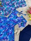 Blue georgette heavy gown with dupatta set, digital print, long sleeves, AMBE FASHION LAUNCH