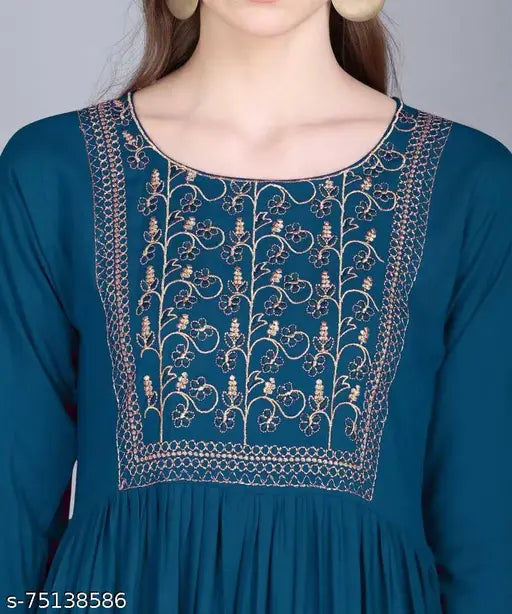 Rayon embroidered Anarkali dress in three-quarter sleeves, stylish Indian fashion