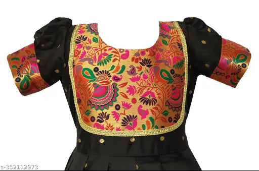 Black silk princess kids dress, Paithani round style with short sleeves. Ideal for birthdays and festivals