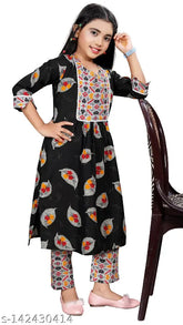 Unique embroidered cotton kurta set for girls aged 8-13, contemporary Indian fashion from Nivudi brand