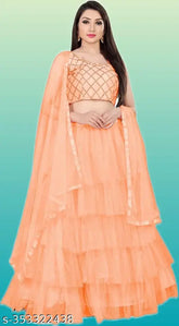 Silk blend ruffle girls lehenga cholis, semi-stitched net with embroidered choli for party wear or wedding festive occasions, India origin