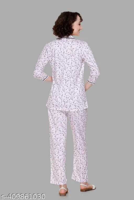 Women's printed floral cotton night suit, set with shirt style and three-quarter sleeves