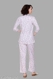 Women's printed floral cotton night suit, set with shirt style and three-quarter sleeves