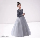 Trendy Indian ethnic gowns for girls, solid net, three-quarter sleeves, various sizes from 5-16 years