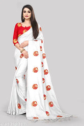 White Vichitra silk embroidered saree with semi-stitched blouse for women's partywear