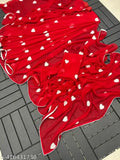 Red georgette saree with embroidered heart pattern, perfect for Karwa Chauth celebration