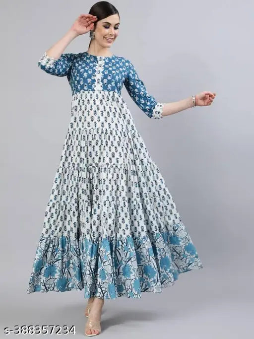 Printed pink rayon anarkali kurti for women, three-quarter sleeves, Indian fashion