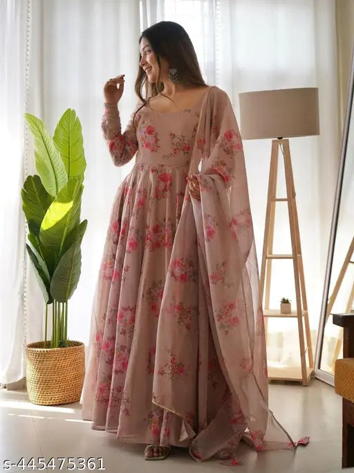 Georgette Women's Printed Gown with Dupatta (India), long sleeves, S-50