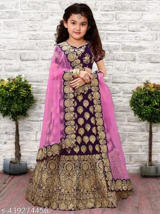 Embroidered taffeta silk lehenga for kids aged 2 years, short sleeves with net dupatta on display
