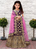 Embroidered taffeta silk lehenga for kids aged 2 years, short sleeves with net dupatta on display