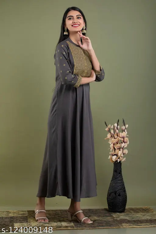 Grey rayon embroidered Anarkali kurti by SMA Embroidery, featuring intricate patterns on three-quarter sleeves. Available in sizes S to 4XL, ideal for high fashion events and everyday wear. Made in India