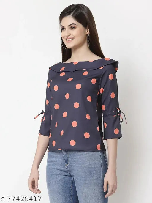 Navy Blue Print Crepe Top by Style Quotient - Polyester, three-quarter sleeves, printed pattern, flat collar, tie-up sleeves. Women's top in size N (S: 34in bust, 23in length; M: 36in bust, 24in length). Indian-made fashion clothing on mannequin