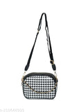 Faux leather sling bag, 3 compartments, textured net design. Perfect for travel makeup organization