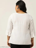 White viscose rayon bell sleeve top, plus size with V-neck and ruffles detail, made in India (XL, 40in bust/29in length)