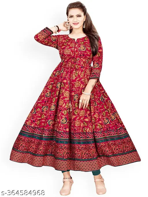 Maroon printed viscose rayon Anarkali Kurta with three-quarter sleeves, Indian women's fashion on mannequin