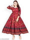 Maroon printed viscose rayon Anarkali Kurta with three-quarter sleeves, Indian women's fashion on mannequin