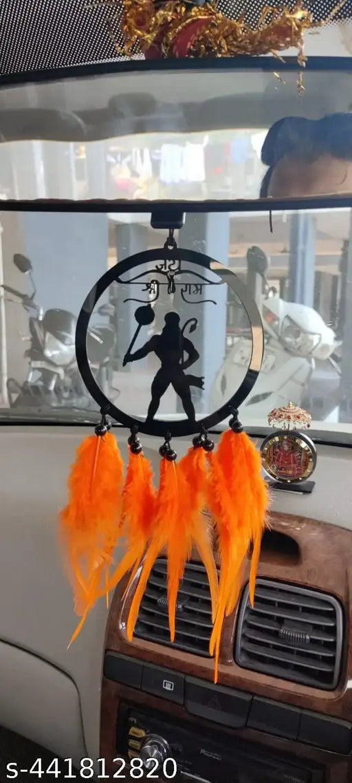 Handmade wooden Art Deco Shree Ram orange dream catcher, ideal for cars (Pack of One), Indian art craft