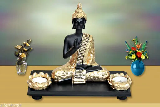 Brown polyresin wooden tray with meditating Buddha idol (20x11x20 cm), 1 piece - serene home decor addition for peaceful ambiance