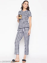 Cotton blend stripe night suit set for women - checkered pyjamas and t-shirt in M size, Indian origin