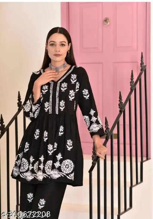 Rayon embroidered black kurta and palazzos set, single size available, Indian fashion wear with three-quarter sleeves