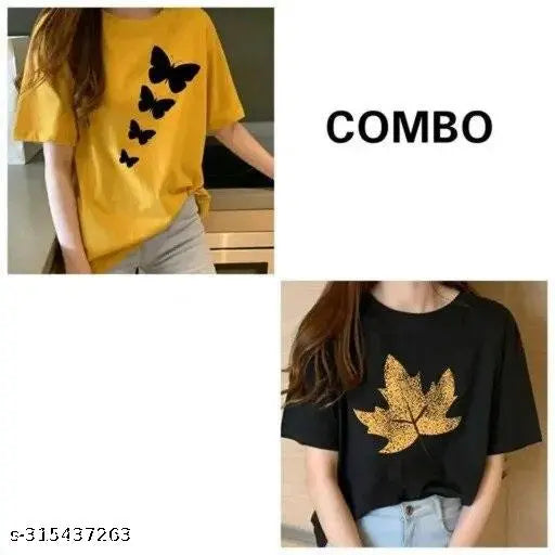 Yellow butterfly and black leaf printed cotton short sleeve girls t-shirts combo, India origin