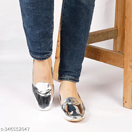 Synthetic Silver Chrome Bellies for Ladies - Fashionable ballerina-style juttis for parties, college, office, and clubs. Handcrafted with attention to detail for unparalleled quality