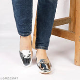 Synthetic Silver Chrome Bellies for Ladies - Fashionable ballerina-style juttis for parties, college, office, and clubs. Handcrafted with attention to detail for unparalleled quality