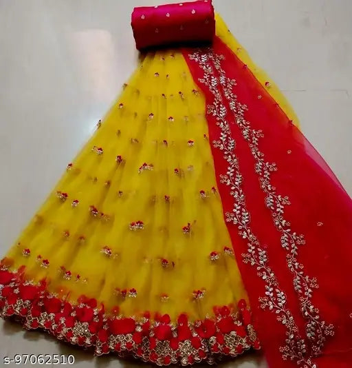 Embroidered dupion silk and tissue Lehengha with heavy net fabric and multi-thread embroidery work, semi-stitched (waist size 44 in, length 43 in), paired with a heavy banglory silk blouse and matching tissue dupatta featuring cut work border. Indian craftsmanship