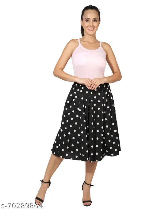 Black polka print mid-calf length women's IBPanel polyester skirt combo with flared design, size 26/28/30/32/34 (waist 26-34in, hip 36-44in, length 27in) from India